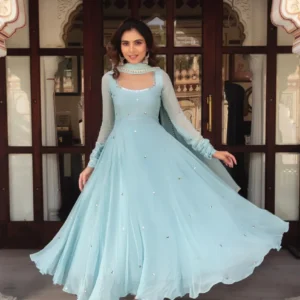Sky Blue Floral Kurta Pant Set With Dupatta for Women