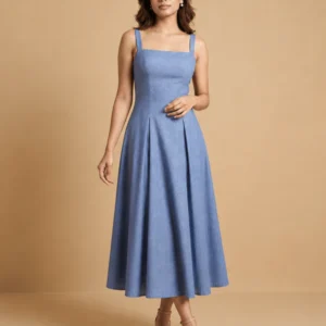 Cotton Square Neck Flared Midi Dress