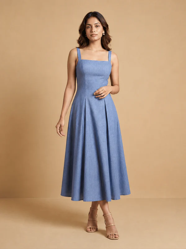 Cotton Square Neck Flared Midi Dress